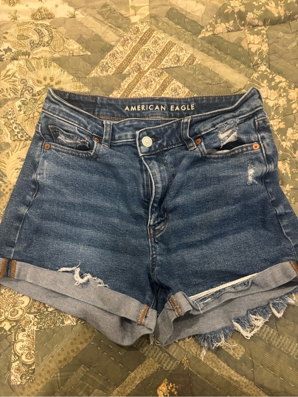 American Eagle Outfitters Distressed Rolled Hem Jean Shorts in Blue